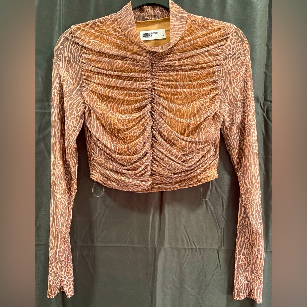 Leopard Print Sheer Long Sleeve Crop Blouse